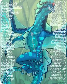 an image of a blue creature with words all over it