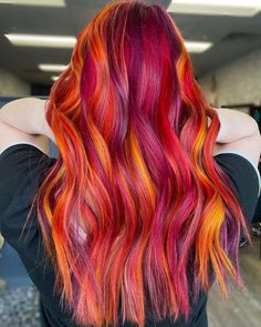 @vividsandbalayage drops the mic with this look #lunartides Orange Hair Dye, Red Hair With Blonde Highlights, Hair Color Blonde Highlights, Hair Styels, Rainbow Hair Color