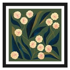 an art print with white flowers and green leaves on a dark green background by corbi