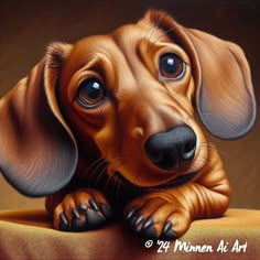 a painting of a brown dachshund puppy with his paws on the pillow