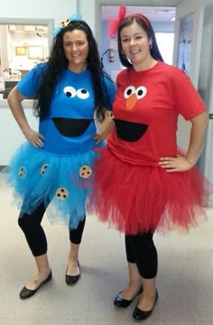 two women dressed up as sesame and cookie monster for halloween costume contest on instagram