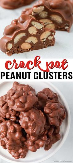 chocolate peanut clusters on a white plate with text overlay