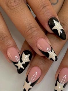 24pcs Long Almond Star Pattern Fake Nail & 1sheet Tape & 1pc Nail File | SHEIN USA Easy Nails, Basic Nails, Y2k Nails, Nail Swag, White Nail, Diy Nail Art, Stick On Nails