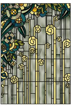 a stained glass window with flowers and leaves on it's sides, in the style of art deco