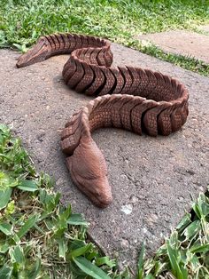 two alligators are laying on the ground next to some plants and grass, one is curled up