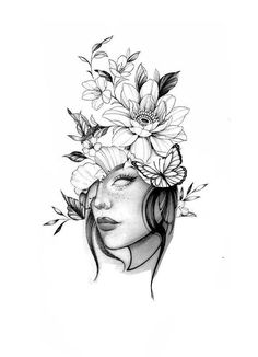 a drawing of a woman with flowers on her head