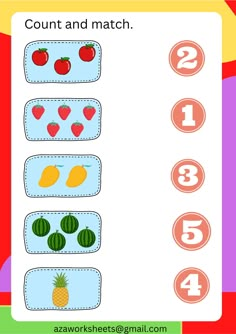 a printable counting game for kids with numbers and fruits on the front, which includes two