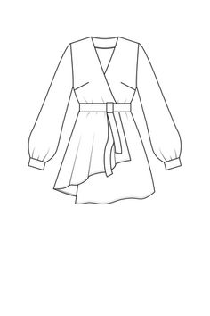 a line drawing of a dress with a tie on the waist and long sleeves,