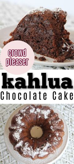 there is a chocolate cake with powdered sugar on it and the words kahlua above it