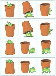 the frog is hiding in the flowerpot and then trying to find which way it would go