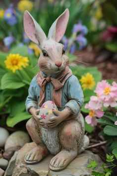 a statue of a rabbit holding an easter egg in its lap sitting on some rocks