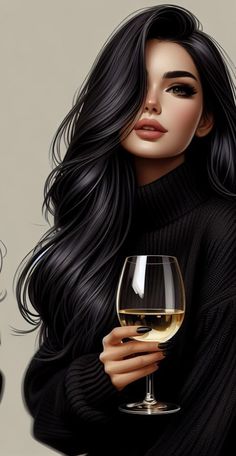 a painting of a woman holding a glass of wine and looking at the camera with long black hair