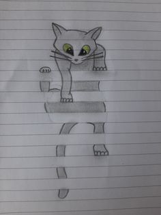 a drawing of a cat sitting on top of a piece of paper with green eyes