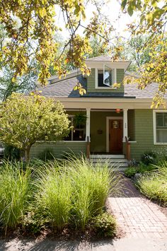 a green house with trees and bushes in front