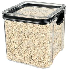 a plastic container filled with oats