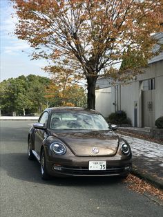 a brown car parked on the side of a road next to a tree with orange leaves