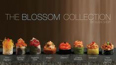 the blossom collection by sushi shop is displayed in front of a brown background with white lettering