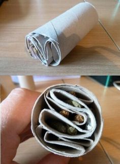 two pictures show the inside of a rolled up paper tube, and an open rolled up newspaper roll