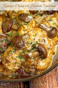 a casserole dish with mushrooms and cheese