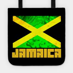 jamaica flag on black tote bag with the word jamaica written in yellow and green