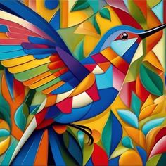 a painting of a colorful bird with leaves on it's back and its wings spread out