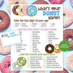 a poster with doughnuts on it that says, what's your donut name?