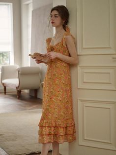 Color: OrangeStyle: BohoPattern Type: Floral, All Over PrintDetails: Tiered Layer, Ruffle Hem, KnotNeckline: SweetheartSleeve Length: SleevelessType: A LineWaist Line: High WaistHem Shaped: Layered/Tiered, FlounceLength: LongFit Type: Regular FitFabric: Non-StretchMaterial: PolyesterComposition: 100% PolyesterCare Instructions: Machine wash or professional dry cleanBody: YesSheer: NoLining: 100% Polyester Dress Photoshoot Ideas, Dress With Floral Print, Dress Photoshoot, Yellow Floral Dress, Chic Fall Outfits, Ruffle Hem Dress, 3d Flowers, Women Long Dresses, Prom Dresses Short