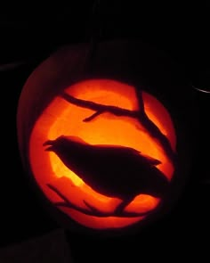 a carved pumpkin with two birds on it