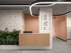 an office with pink walls and planters on the wall, along with a wooden reception desk