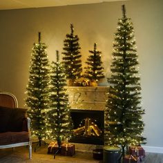 three christmas trees in front of a fireplace