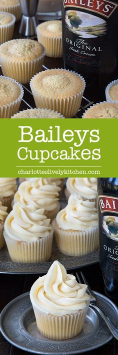 bailey's cupcakes on a cooling rack with bottle of bailey's in the background