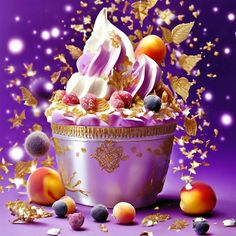 a cupcake topped with fruit and whipped cream surrounded by gold confetti pieces