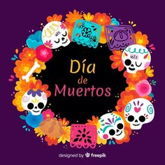 the day of the dead with skulls and flowers around it in spanish language on a purple background