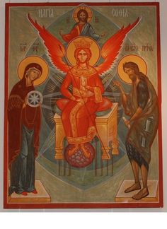 an icon with three angels on it, one is sitting and the other is standing