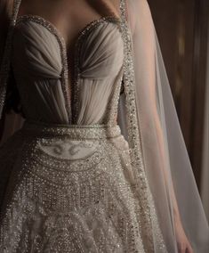 the back of a wedding dress with beading on it and long veil over her head