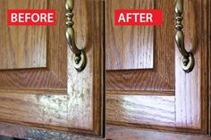 the before and after of an old kitchen cabinet door with rust on it's handles