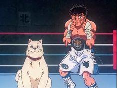 an image of a cat and a man in the ring with their fists raised as they stand next to each other