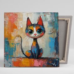 a painting of a cat sitting on top of a wooden block in front of a white wall