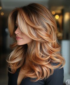 Honey Blonde Auburn Hair, Red Blonde Fall Hair, Copper With Honey Blonde Highlights, Copper Tones Hair, Honey Blonde And Copper Hair, Blond With Copper Lowlights, Blonde Hair Copper Highlights, Autumn Copper Hair, Blonde Highlights On Auburn Hair