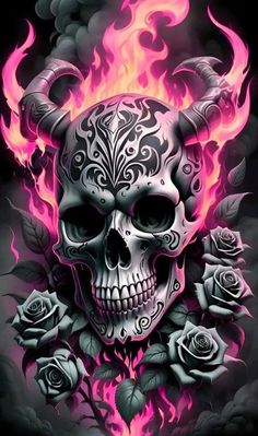 a skull with flames and roses on it