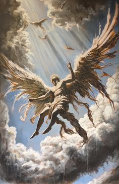 a painting of an angel flying through the sky