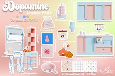 the kitchen is in pastel colors and has many stickers on it to decorate