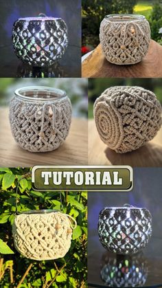 crocheted candle holders are shown in four different pictures