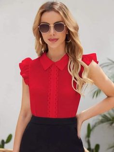 Red Blouse Outfit, Red Ruffle Top, Applique Top, Pencil Skirt Outfits, Lace Trim Shorts, Elegant Blouse Designs, Sleeveless Top Designs, Red Blouse