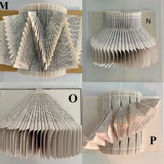 four different views of an origami book with pages folded in the shape of umbrellas