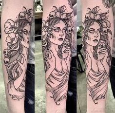 three different views of a woman's arm with flowers on her head and the other half