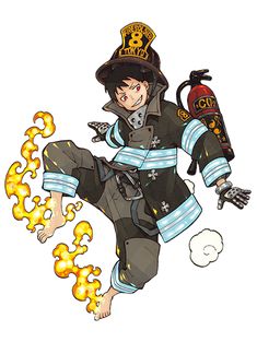 the fireman is flying through the air with his arms out and legs spread wide