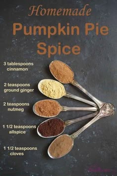 six spoons filled with different types of pumpkin pie spice on top of a slate board