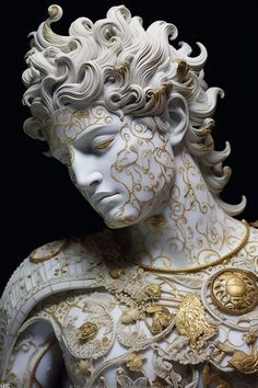 a close up of a statue of a man with white hair and gold decorations on his face