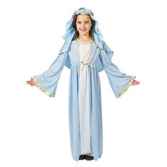 Just what you need for your Christmas pageant! The Child's Premium Mary Costume includes a light blue polyester gown and headpiece with gold trim. (2 pcs. per set) Child size medium. 38". Imported. Santa Photo Booth, All Saints Day Costumes, Virgin Mary Costume, Jesus Birthday Party, Bible Costumes, Mary Costume, Saint Costume, Live Nativity, Noah's Arc